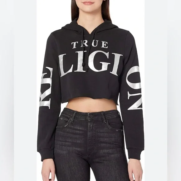 NEW True Religion Women's Long Sleeve Pullover Crop Hoodie Sweatshirt - Large - Picture 2 of 3